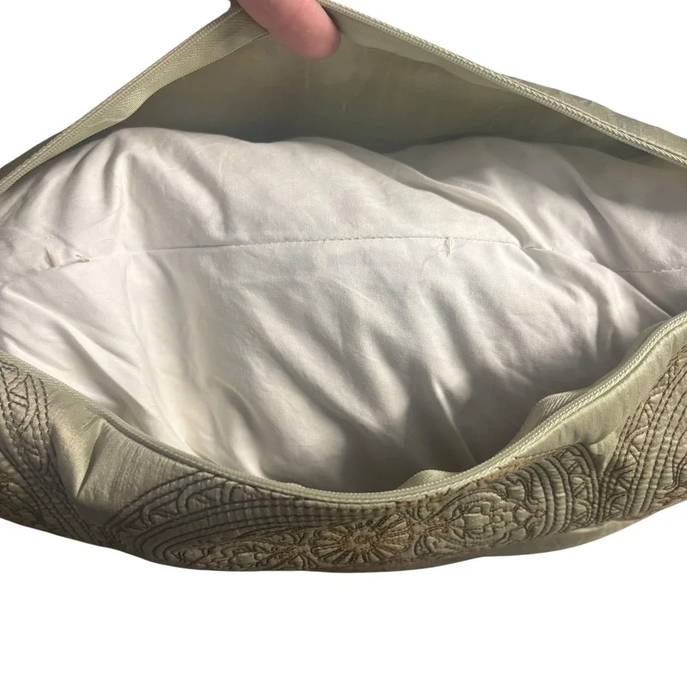 Champagne Gold Embroidered Medallion Silk Throw Pillow with Feather Insert 17x17
